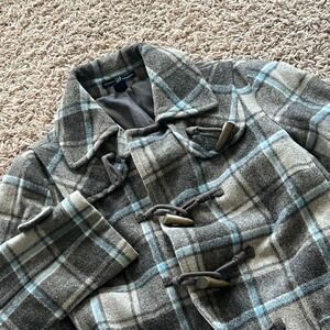 Gap Vtg Plaid Toggle Coat Womens XS Grey Blue Wool Blend Duffle Jacket RN54023